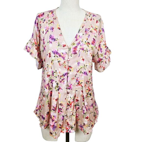 Dolan Anthropologie Top M Pink Multi Floral Silky Ruffle‎ Sleeve Buttoned Blouse - Picture 1 of 12